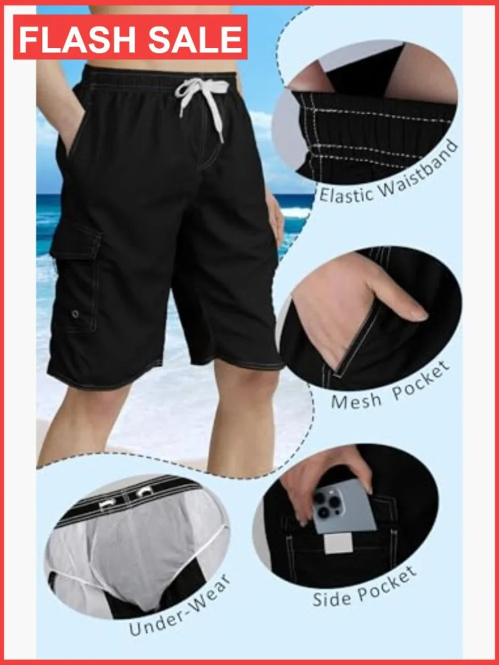 Men's Quick Dry Swim Trunks with Mesh Liner & Pockets UPF 30